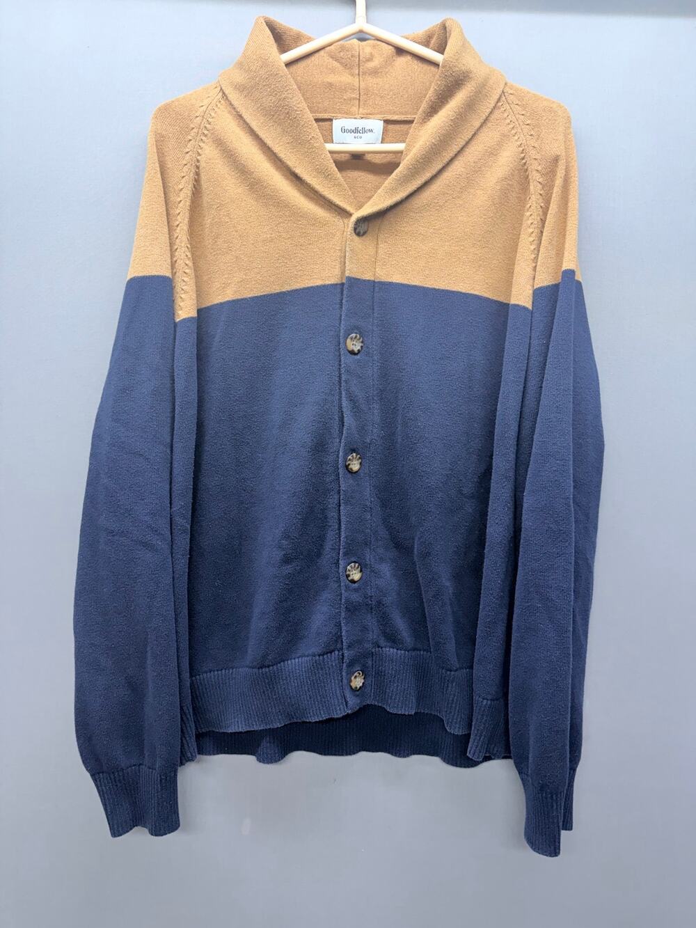 Goodfellow Co Cardigan Sweater Mens XXL Shawl Collar Button Navy Blue Tan Cotton